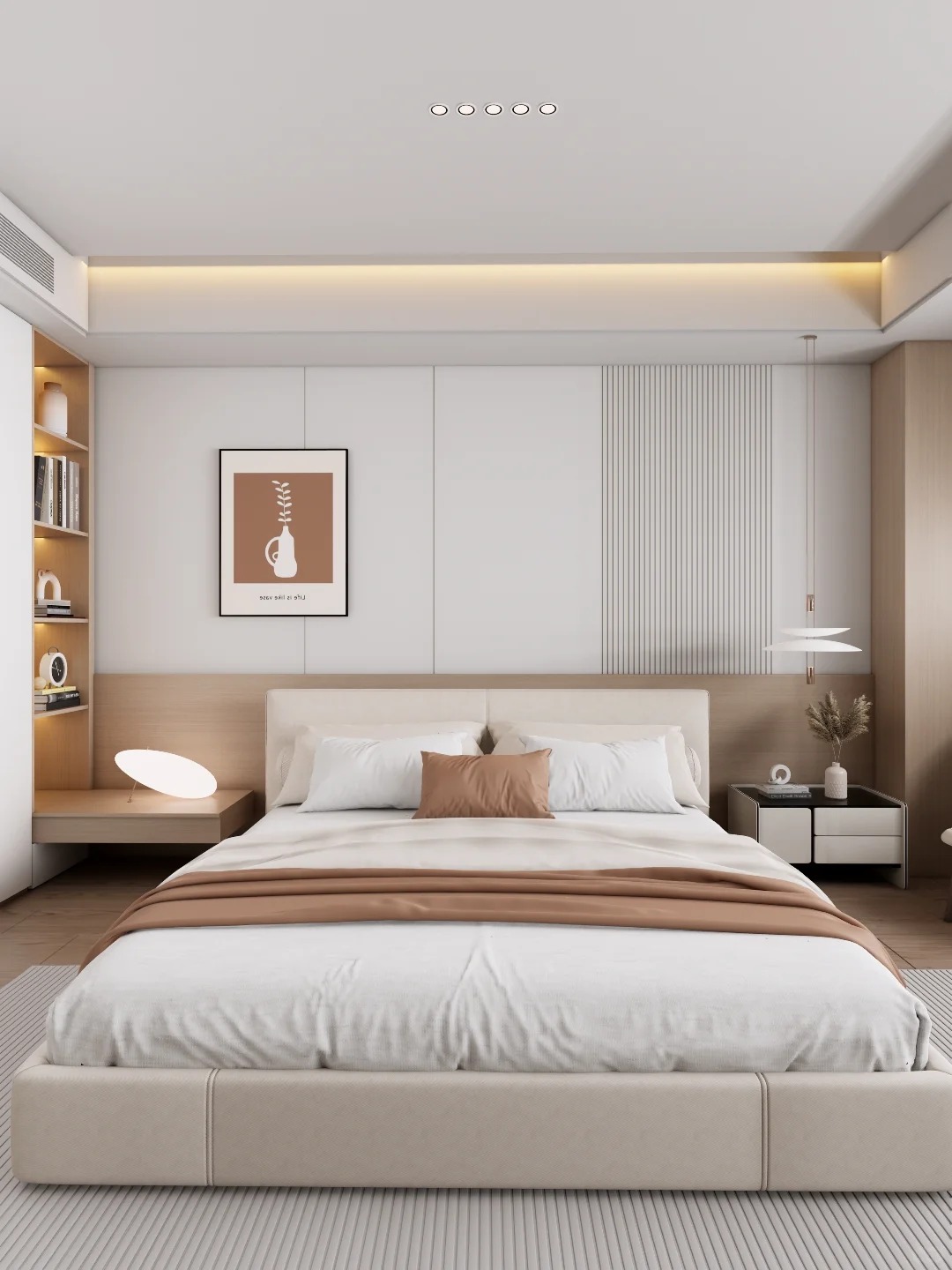 NECOWOOD WPC প্যানেল আরামদায়ক আধুনিক কাঠ-স্টাইলের মাস্টার বেডরুম তৈরি করে