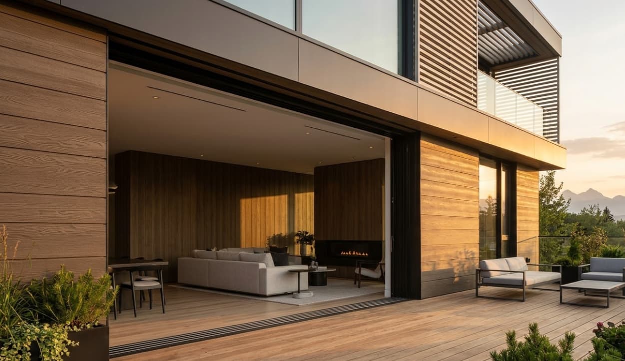 Luxurious modern home with seamless indoor-outdoor ASA-coated wood panels