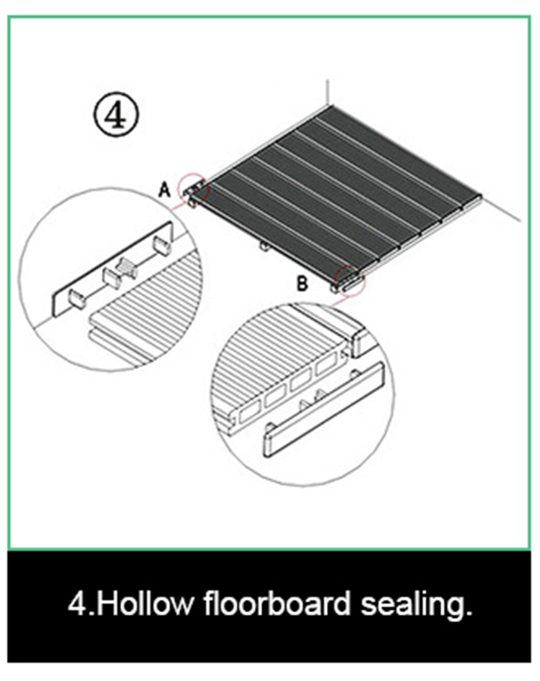 Step 4: Sealing hollow WPC floorboard ends with end caps to prevent moisture