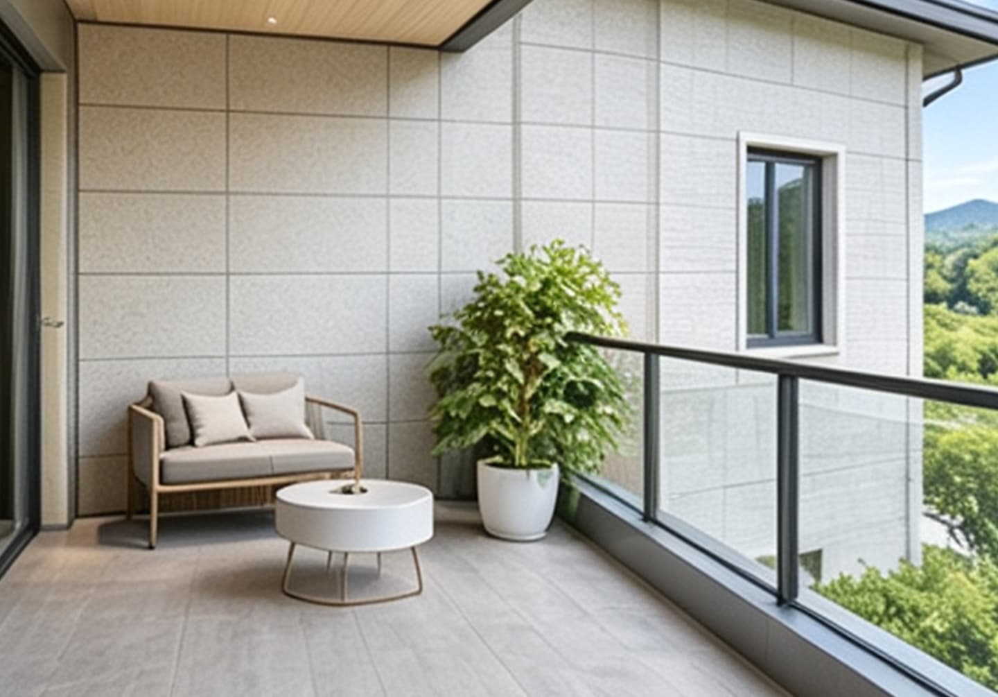 Necowood exterior-grade WPC wall panel covered balcony and prefab home in light oak finish