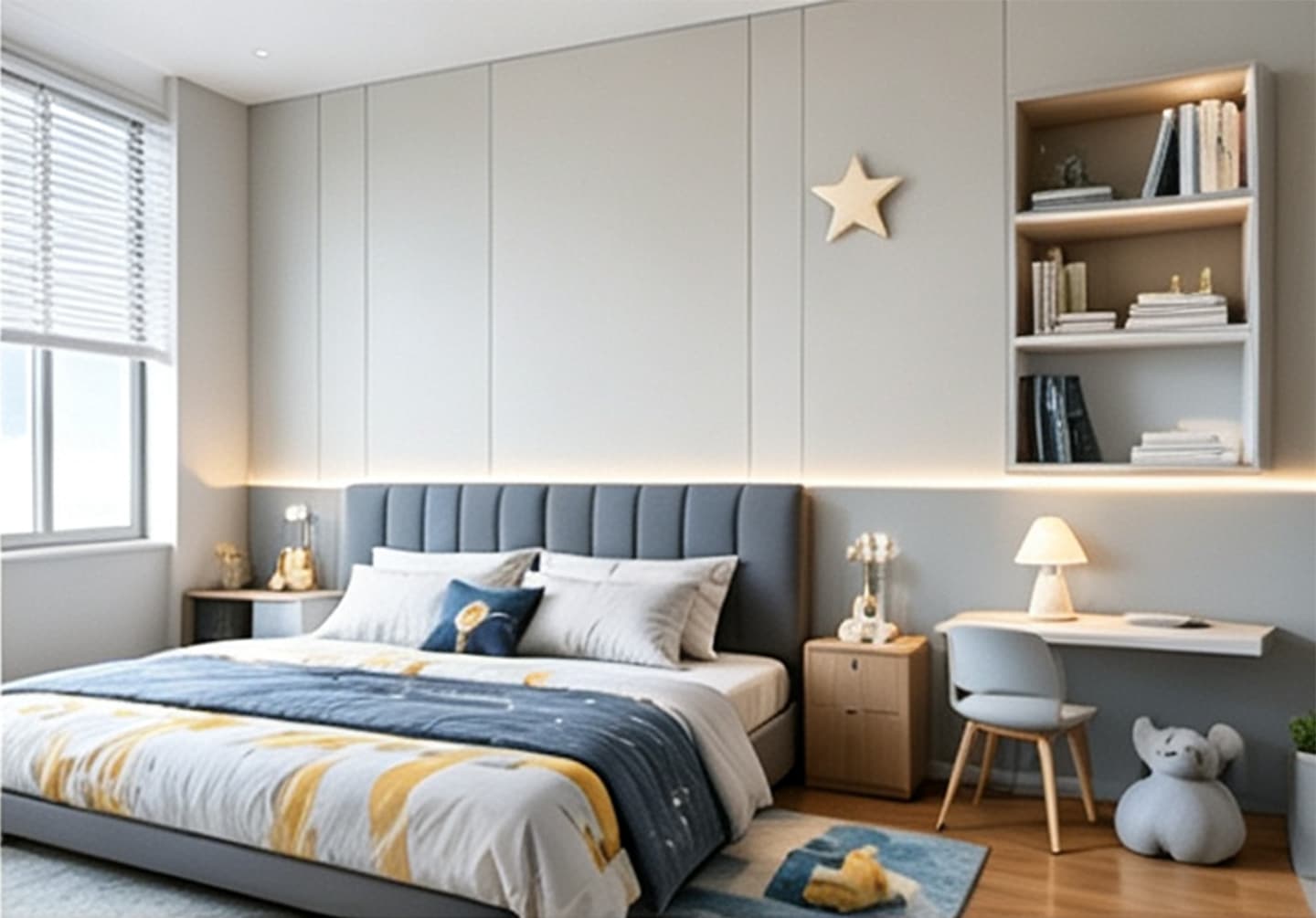 Necowood WPC wall panel kids room accent wall in light blue and cream finishes