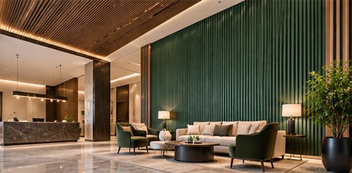 WPC composite board used in hotel lobby wall cladding and ceiling panels