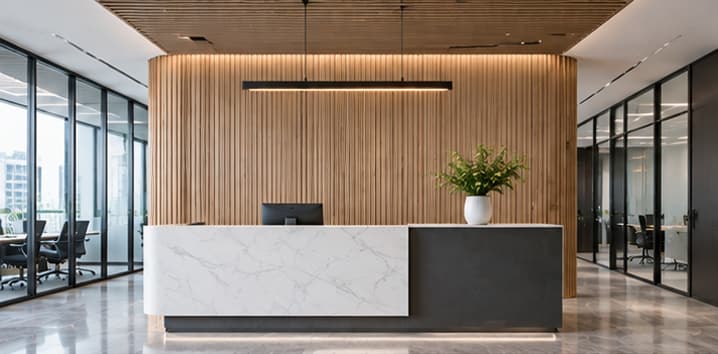 WPC composite board wall panelling in a modern office reception area