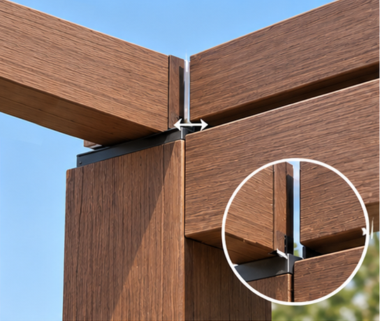 WPC pergola expansion gap detail at rafter end and post connection