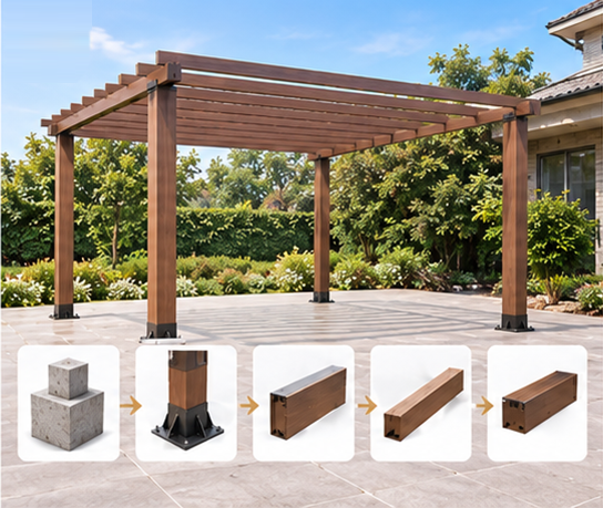 WPC pergola installation showing post mounting, beam fixing, and rafter placement